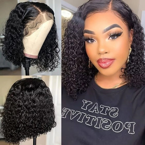 Deep Wave 180% Density Pre-Plucked Side Part Short Bob 13*4 Lace Frontal Brazilian Virgin Human Hair Wigs for Black Woman