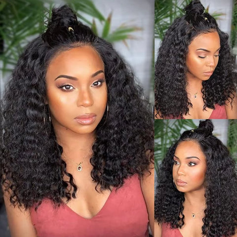 Deep Wave 180% Density Pre-Plucked Side Part Short Bob 13*4 Lace Frontal Brazilian Virgin Human Hair Wigs for Black Woman